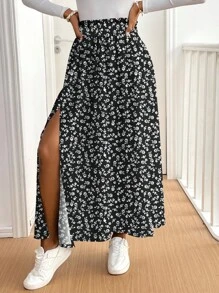 SHEIN Frenchy 女士休闲度假高开叉伞形下摆半身裙，适合夏季，碎花，法式优雅