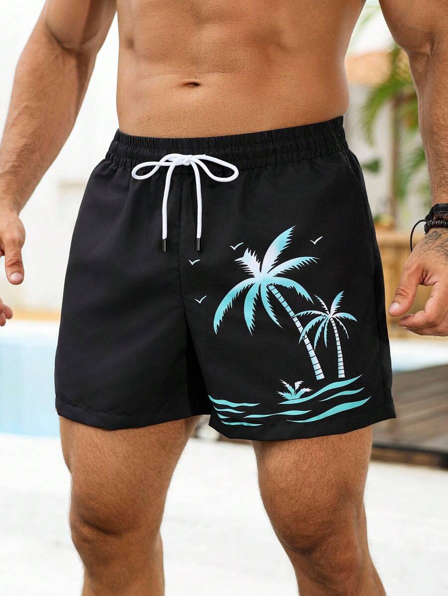 Manfinity Swimmode Quần short nam màu đen, chất liệu vải dệt, họa tiết nhiệt đới, kiểu dáng thường ngày, có dây rút và túi. - màu đen - Xem 1