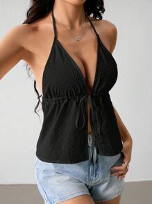 SHEIN PETITE 女士夏季休闲 V 领露背纹理面料白色背心，适合派对、节日、约会、情人节、下午茶 - 黑色 - 查看 5