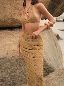 Anewsta Set de 2 piezas de ropa de playa y vacaciones de verano para mujer - Traje de baño tipo cubrecuerpo con escote halter, espalda abierta y nudo delantero de ganchillo - Mostaza Amarilla - Ver 1