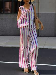 2 件套女士休闲条纹吊带背心和裤子套装 - 彩色 - 查看 4