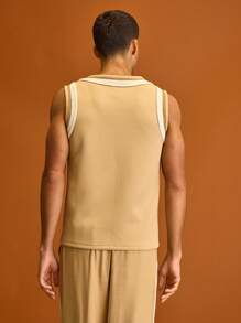 Musero Men Crew Neck Trim Detailing Tank Top Spring Summer Holiday Vacation - Khaki - View 3