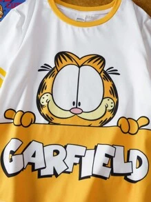 GARFIELD | SHEIN Bộ 2 áo phông sọc họa tiết hoạt hình dễ thương mùa hè cho bé gái tuổi teen và quần short, năng động - Màu vàng - Xem 5