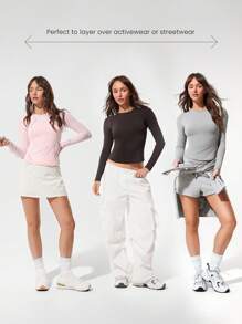 GLOWMODE Shine Bright Mềm Mại Co Giãn Thoáng Khí Ôm Vừa Hông Dài Tay Cổ Tròn Mặc Hàng Ngày Thường Ngày - Màu Hồng baby - Xem 7