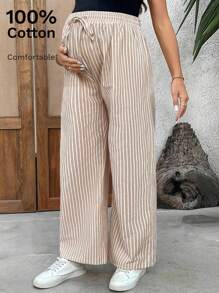 SHEIN 孕妇高腰系带条纹阔腿宽松休闲裤 - 卡其色 - 查看 3