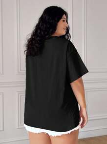 Solflare Plus Size Beach Vacation,Casual Daisy Embroidered Short Sleeve T-Shirt,Summer Spring Tops - Black - View 2