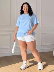 SHEIN EZwear Áo thun ngắn tay cỡ lớn, thêu hoa cúc xanh dương, thích hợp cho kỳ nghỉ biển, mùa xuân hè. - Màu xanh lam - Xem 5
