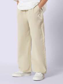 SUMWON 优质套穿阔腿斜纹棉布裤经典宽松版型舒适休闲裤柔软四季百搭校服风格 - 杏色 - 查看 1