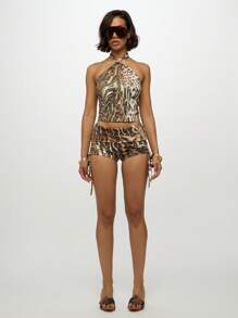 SUMWON WOMEN Quần đùi in họa tiết động vật cạp cao nhún bèo bên hông lễ hội bãi biển câu lạc bộ quần đùi bó sát quần rút dây quần mặc ở nhà nghỉ dưỡng Hawaii - Nhiều màu - Xem 3