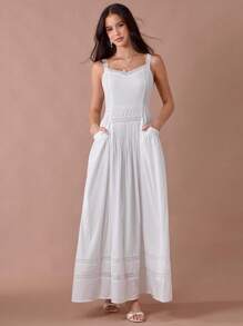 Enchnt Robe maxi femme blanche à dentelle romantique, taille plissée avec poches, pour l'été et l'automne