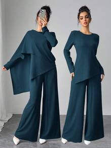 Al Najma 女士简约休闲衬衫和裤子两件套 - 藍色 - 查看 2