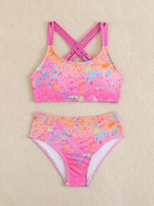 SHEIN 女童 2 件式泳衣，粉色夏季可愛海灘泳池度假花卉水彩印花不對稱比基尼套裝，Tween 青少年女孩泳衣 8-12 歲，Y2K - 粉色 - 查看 3