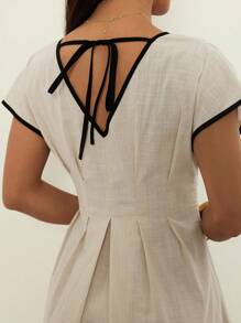 SHEIN PETITE Women's V-Neck Flutter Sleeve Pleated Dress, Summer - Beige - View 2