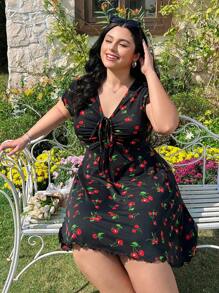Solflare Plus Size Sleeveless Cherry Print A-Line Dress With Chest Ruching, Elastic Waist, For Spring/Summer,Beach Dress Sundress,Holiday Outfits Boho