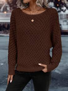EMERY ROSE Women's Casual Solid Color Dropped Shoulder Loose Pointelle Knit Pullover Sweater Knit Pullover Fall Winter - Brown - View 3