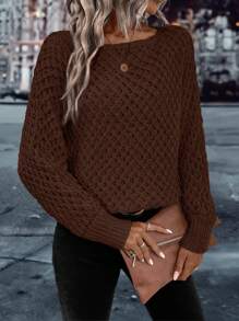 EMERY ROSE Women's Casual Solid Color Dropped Shoulder Loose Pointelle Knit Pullover Sweater Knit Pullover Fall Winter - Brown - View 6