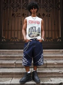 Manfinity Streetrush Summer Street Niche Embroidery Men's Denim Shorts Graphic Baggy Jeans Jnco Jeans Men Hang Out Street Tropical