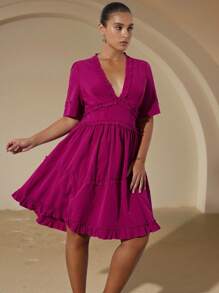 Aveloria Rosie فستان نسائي كبير الحجم بياقة على شكل حرف V باللون الأحمر الوردي مع كشكشة في الأطراف بتصميم خط A، فستان قصير الأكمام، مناسب لفصلي الربيع والصيف