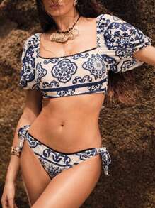 Anewsta Women's Print Puff Sleeve Knot Front Split Bikini Set For Summer Beach Vacation - Blue and White - View 1