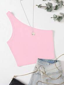 Franclia Top informal sin mangas de unicolor con cuello asimétrico, moda de verano - Rosa - Ver 3