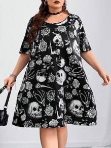SHEIN CURVE+ Curve 大码/秋装/秋季女装/女冬装/冬装大码休闲简约骷髅印花大码短袖连衣裙，黑白骷髅图案万圣节连衣裙大码骷髅连衣裙大码哥特连衣裙骷髅玫瑰连衣裙哥特式连衣裙大码巫术大码连衣裙秋季女装，冬季，CURVE PLUS