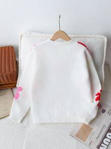 Tween Girls Floral Applique Crew Neck Thick Sweater, White, Suitable For Layering, Staying Home In Autumn/Winter Fall - White - View 5