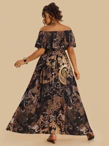 Travachic Rochie de damă plus size cu imprimeu boem Paisley și umeri goi, cu tiv cu volane, stil casual de vacanță, toamnă - Negru - Vizualizare 2