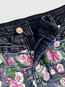 ROMWE Kawaii Y2K Autumn/Winter Harajuku Baddie Asymmetrical Waistband Contrast Color Patchwork Vintage Print Bodycon Stretchy Low Waist Mini Denim Skirt For Women - Multicolor - View 5