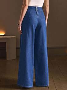 SHEIN BAE Quần Jeans Ống Rộng Thêu Chữ Thường Ngày Cho Nữ - Màu xanh lam - Xem 3