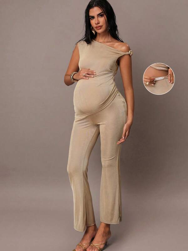 MaterniChic Set de 2 piezas: Top asimétrico sin mangas de unicolor y pantalones largos para mujeres embarazadas, conjunto elegante