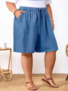 SHEIN CURVE+ Plus Size Women's Black Drawstring Waist Pockets Casual Country Linen Summer Shorts, Spring Vacation Summer/Country/Beach