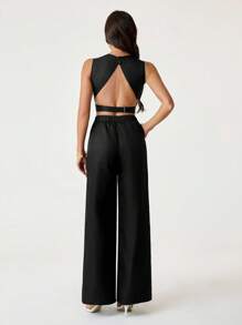 SHEIN Tall Bộ đồ ngủ ngắn xếp ly màu trơn và quần short 2 món trang phục thường ngày cho nữ - màu đen - Xem 4