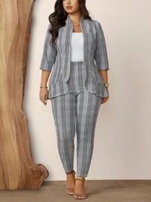 Zelara 大码女式两件套格子印花休闲工作服西装外套和裤子套装，秋冬感恩节装扮节日装 - 彩色 - 查看 3