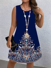 EMERY ROSE Vestido midi sin mangas azul con estampado retro talla grande - Multicolor - Ver 4