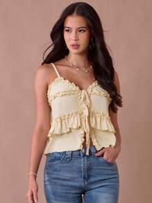 Enchnt Summer Women's Pale Yellow Elegant Ruffle Hem Bowknot Front Camisole,Sweet Fashionable Tops For Vacation,Date,Tea Party,Wedding Guest&Graduation - Apricot - View 5