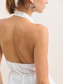 Nöista 夏季中国风领口亚麻条纹无袖蝴蝶结细节，饰有亚麻条纹和蝴蝶结细节！ - 白色 - 查看 4