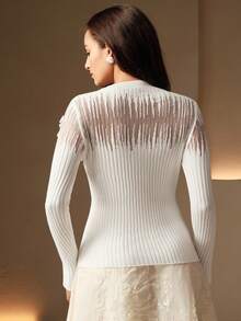 Anewsta Elegant French Luxury Beaded 3D Floral Rhinestone Decorated Sexy Crew Neck Sweater - White - View 5