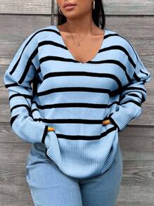 EURMUSE Plus Size Women's Striped Drop Shoulder Long Sleeve Casual Loose Pullover Sweater - Baby Blue - View 1