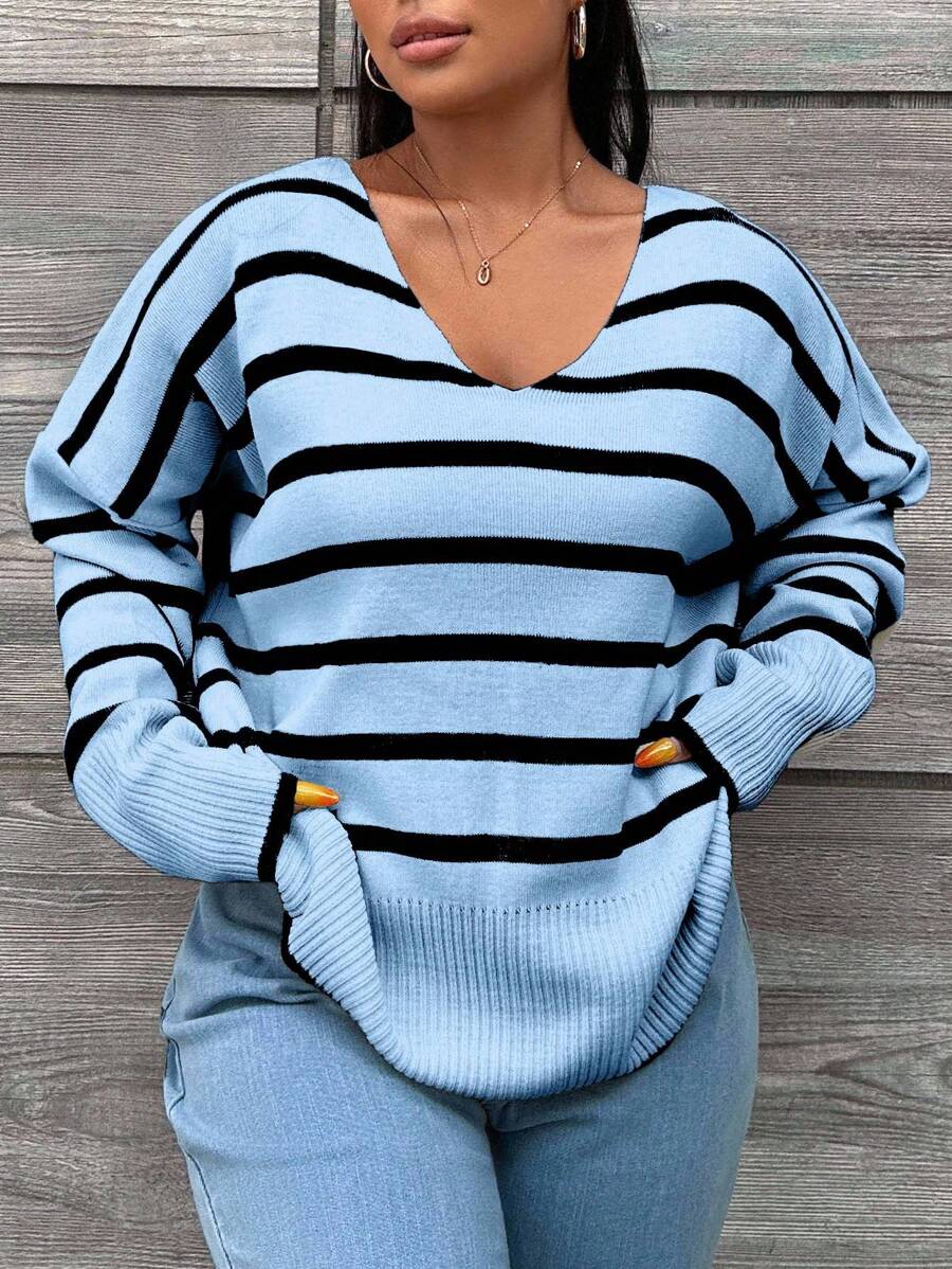 EURMUSE Plus Size Women's Striped Drop Shoulder Long Sleeve Casual Loose Pullover Sweater - Baby Blue - View 1