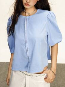 INAWLY 夏季休闲纯色简约泡泡袖衬衫，可爱上衣 - 藍色 - 查看 4