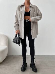 EURMUSE Dual Pocket Drop Shoulder Button Front Coat - Beige - View 4