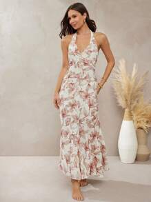 L'Amorae Vestido elegante con espalda anudada, tipo halter, de paneles y vuelo para vacaciones, atuendos de verano para mujeres