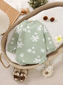Baby Girls Sweet Princess Style Green Floral Jacquard + Ruffled Round Neck Long Sleeve Bodysuit Fall Winter - Green - View 2