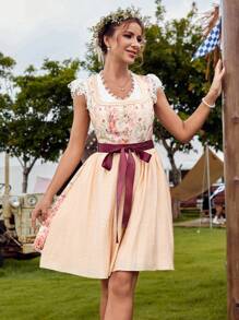 LanaWest Spring And Summer Sleeveless Square Neckline Printed Ribbon Apron Dress, Dirndl - Orange - View 4