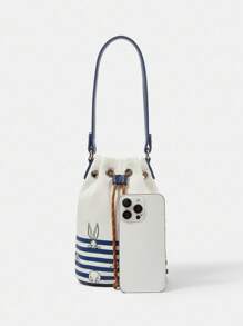 LOONEY TUNES X SHEIN 女士休闲通勤卡通兔子条纹印花索环抽绳单肩包 - 彩色 - 查看 5