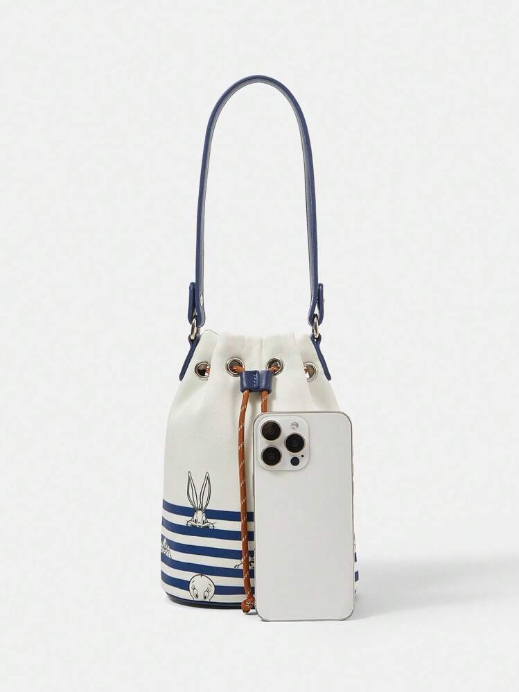 LOONEY TUNES X SHEIN 女士休闲通勤卡通兔子条纹印花索环抽绳单肩包 - 彩色 - 查看 5