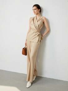 Uhlyne 2pcs/Set Women Casual Commute Linen Cowl Neck Wrap Top And Linen Pants Suit,Autumn,Minimalist,Business Casual,Holiday Outfits,Work Wear,Teacher Outfits,Back To School,Fall,Old Money Style - Khaki - View 8