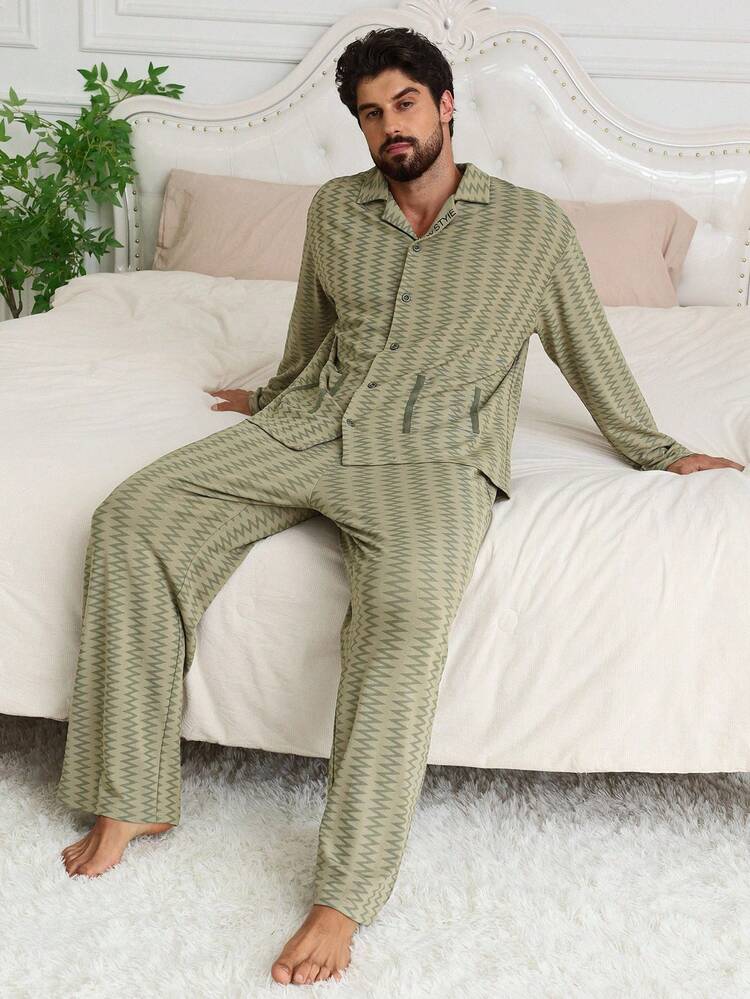 Geometric Textured Green Shirt + Men Home Wear Set, Spring/Summer Fall,Winter Clothes Pajama