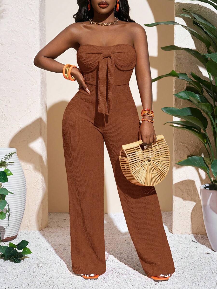 Slaydiva Novo Macacão Feminino de Tricô Laranja, Elegante e Sexy, com Top Tomara que Caia, Laço e Calça Reta de Perna Larga para Primavera e Verão