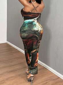 SHEIN SXY 1 件女式大码休闲简约全印花图案连衣裙，适合夏季